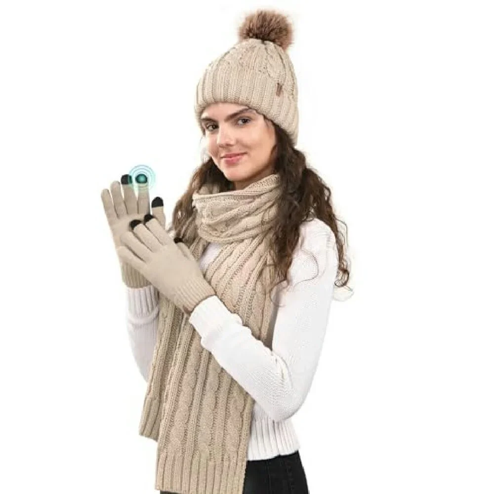 Warm Fleece Knit Pom Beanie Scarf Gloves Set Touchscreen Winter Accessories